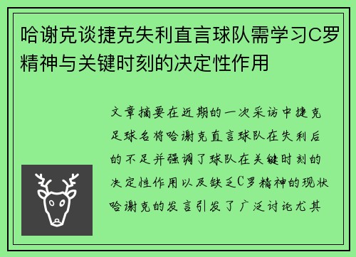 哈谢克谈捷克失利直言球队需学习C罗精神与关键时刻的决定性作用
