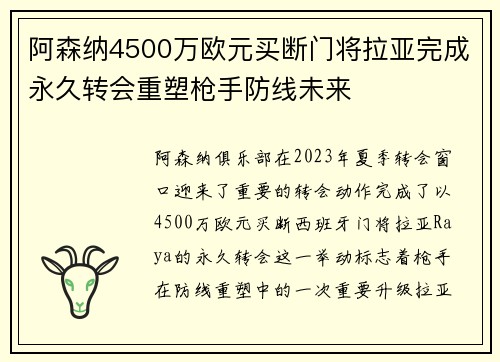 阿森纳4500万欧元买断门将拉亚完成永久转会重塑枪手防线未来